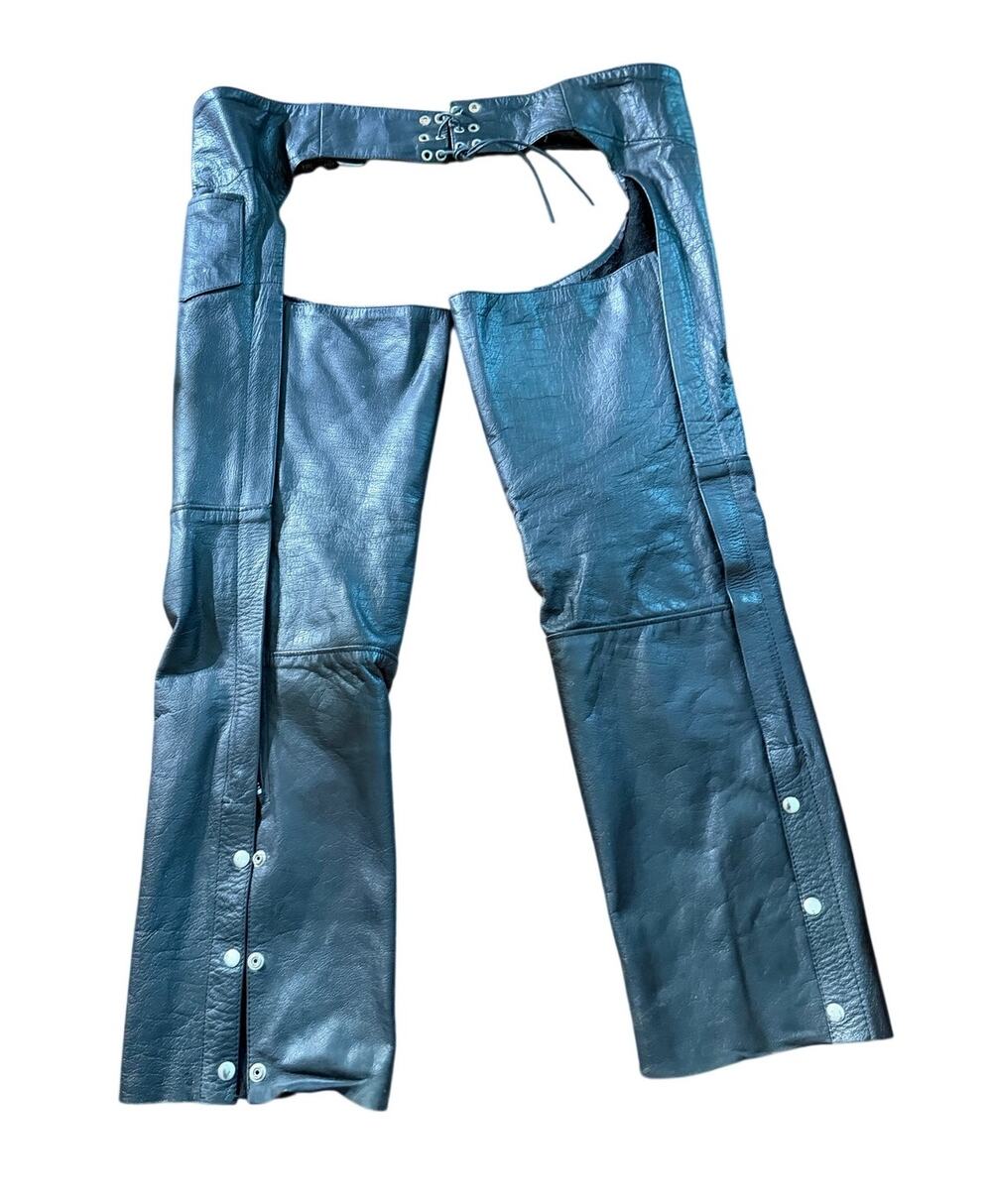 UNIK Leather Apparel Motorcycle Chaps Black Leather XL Adjustable Biker Riding